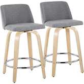 Toriano 24" Swivel Counter Stool in Natural Wood & Grey Fabric with Chrome Footrest (Set of 2)
